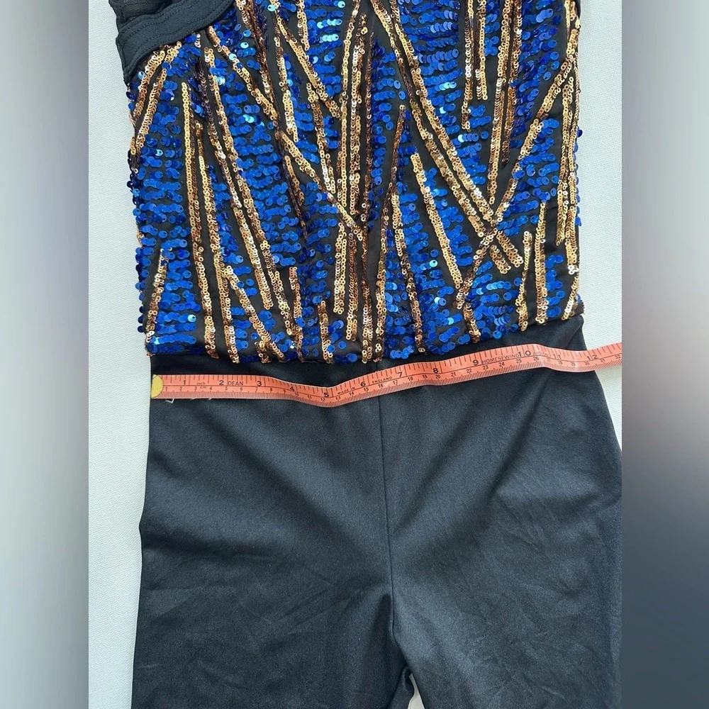 Weissman One Piece Skating & Dance-Black/Blue/Gold Sequins -Sleeveless- Size 7/8 - Picture 7 of 8